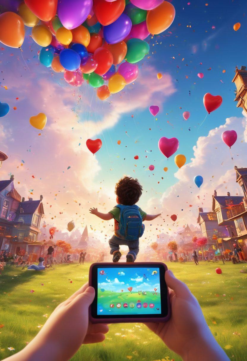 A lively scene of children and adults joyfully playing various online games on colorful devices, surrounded by animated playful creatures and vibrant game elements like power-ups and floating hearts. The background features a whimsical sky filled with balloons and confetti, symbolizing excitement and engagement. The atmosphere radiates happiness and fun, inviting viewers to dive into the cheerful playtime experience. super-realistic. vibrant colors. playful styles.