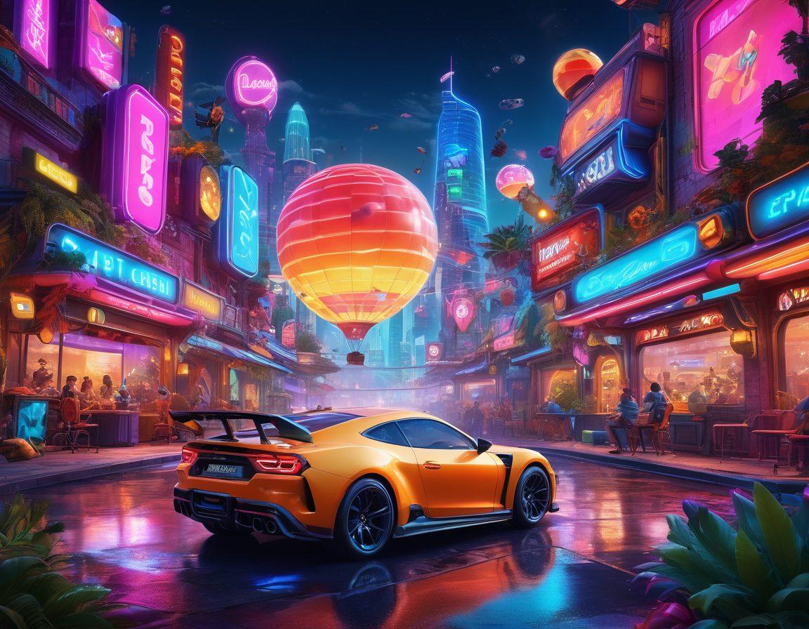 A vibrant gaming landscape filled with colorful characters engaging in playful activities, showcasing various thrilling gaming experiences like racing, adventure, and strategy. Include elements such as neon lights, exciting animations, and dynamic poses. The background should be a whimsical, fantastical world that captures the essence of joy and adventure. super-realistic. vibrant colors. 3D.