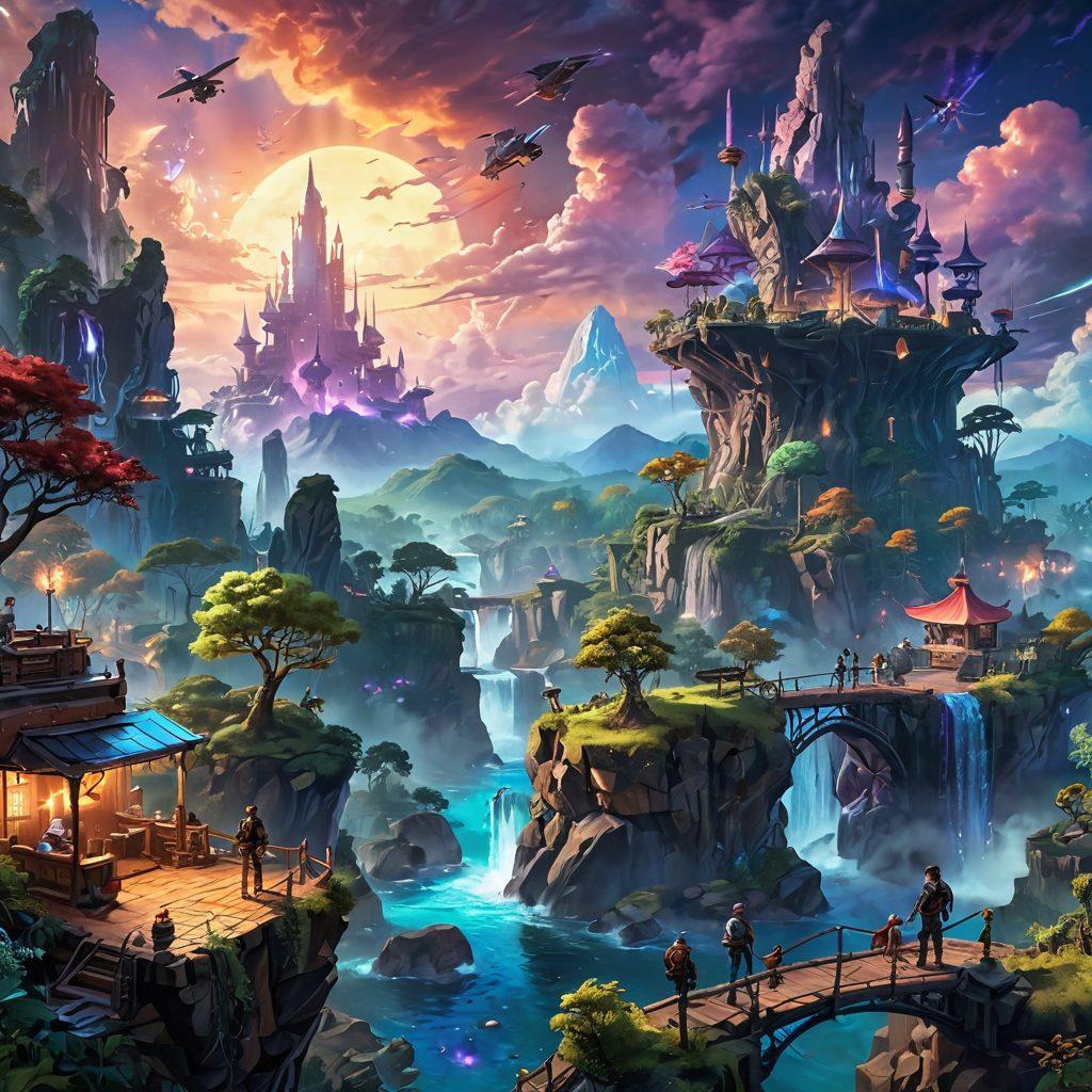 A vibrant gaming landscape with diverse characters engaged in thrilling adventures, showcasing fantasy realms filled with lush forests, futuristic cities, and intergalactic spaceships. The scene should radiate excitement and joy, with players experiencing immersive gaming moments. Incorporate elements like glowing consoles, pixelated clouds, and whimsical creatures to enhance the atmosphere. Dynamic angles and action-packed poses to convey exhilaration. super-realistic. vibrant colors. fantasy style.